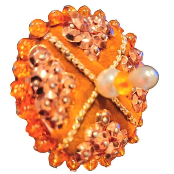 Orange Beaded Bell Ornament With Gold Accents Push Pin Pearl Details Holiday Dec - Picture 7 of 10